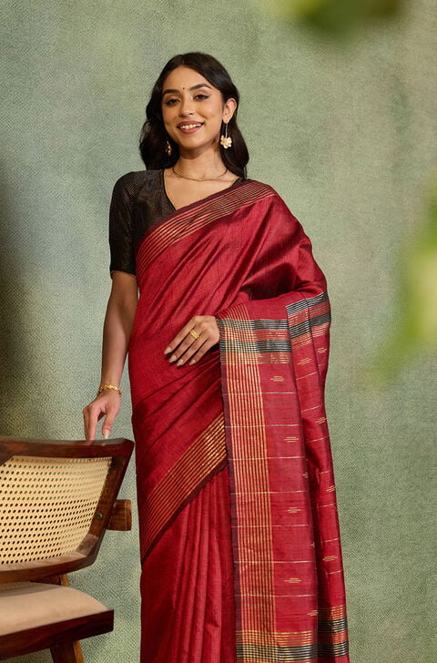 Dark Red Woven Pure Tussar Silk Bhagalpur Saree