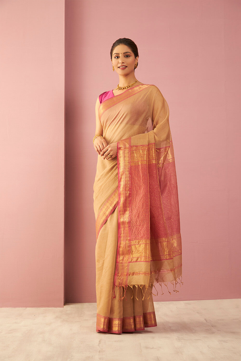 Brown Woven Pure Tissue Cotton Maheshwari Saree image number null