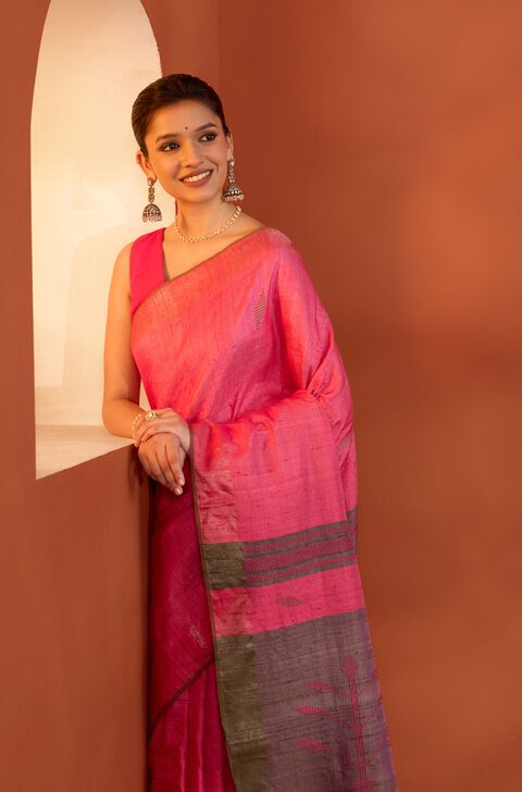 Pink Bhagalpur Woven Pure Tussar Silk Saree