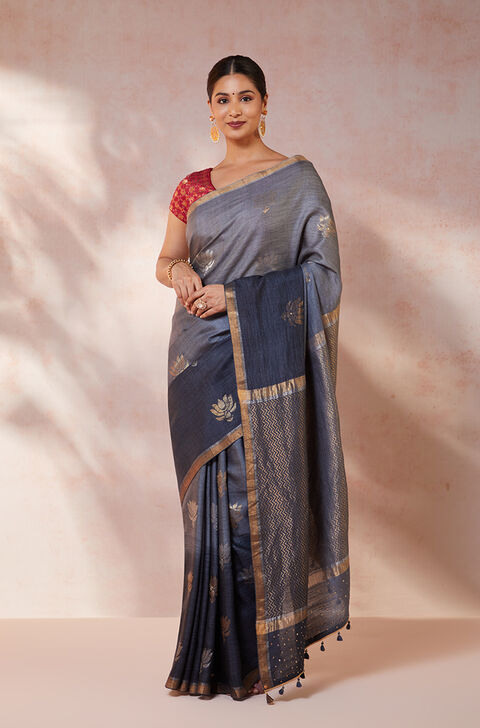 Grey Chattisgarh Pure Tussar Silk Hand Painted Saree