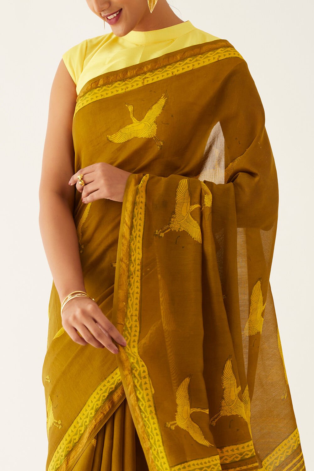 Dark Yellow Pure Silk Cotton Bagru Printed Saree image number null