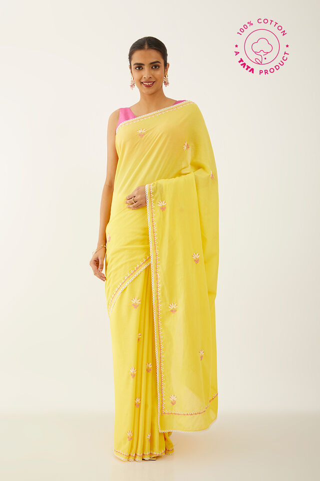 Yellow Pure Cotton Chikankari Embroidery Saree