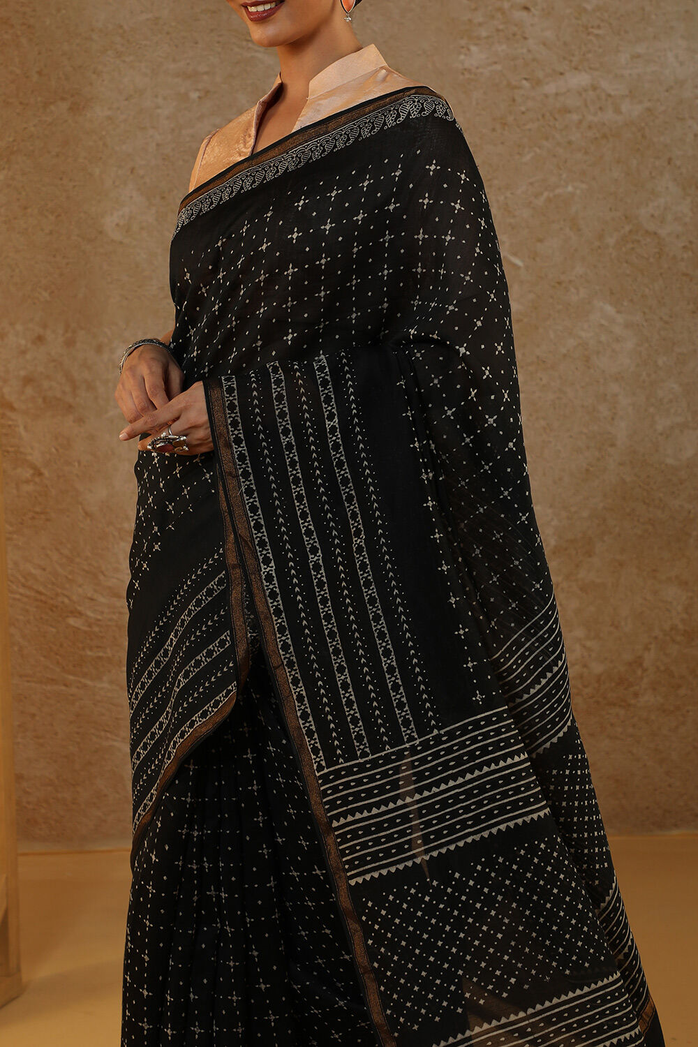 Black Block Printed Pure Silk Cotton Chanderi Saree image number null