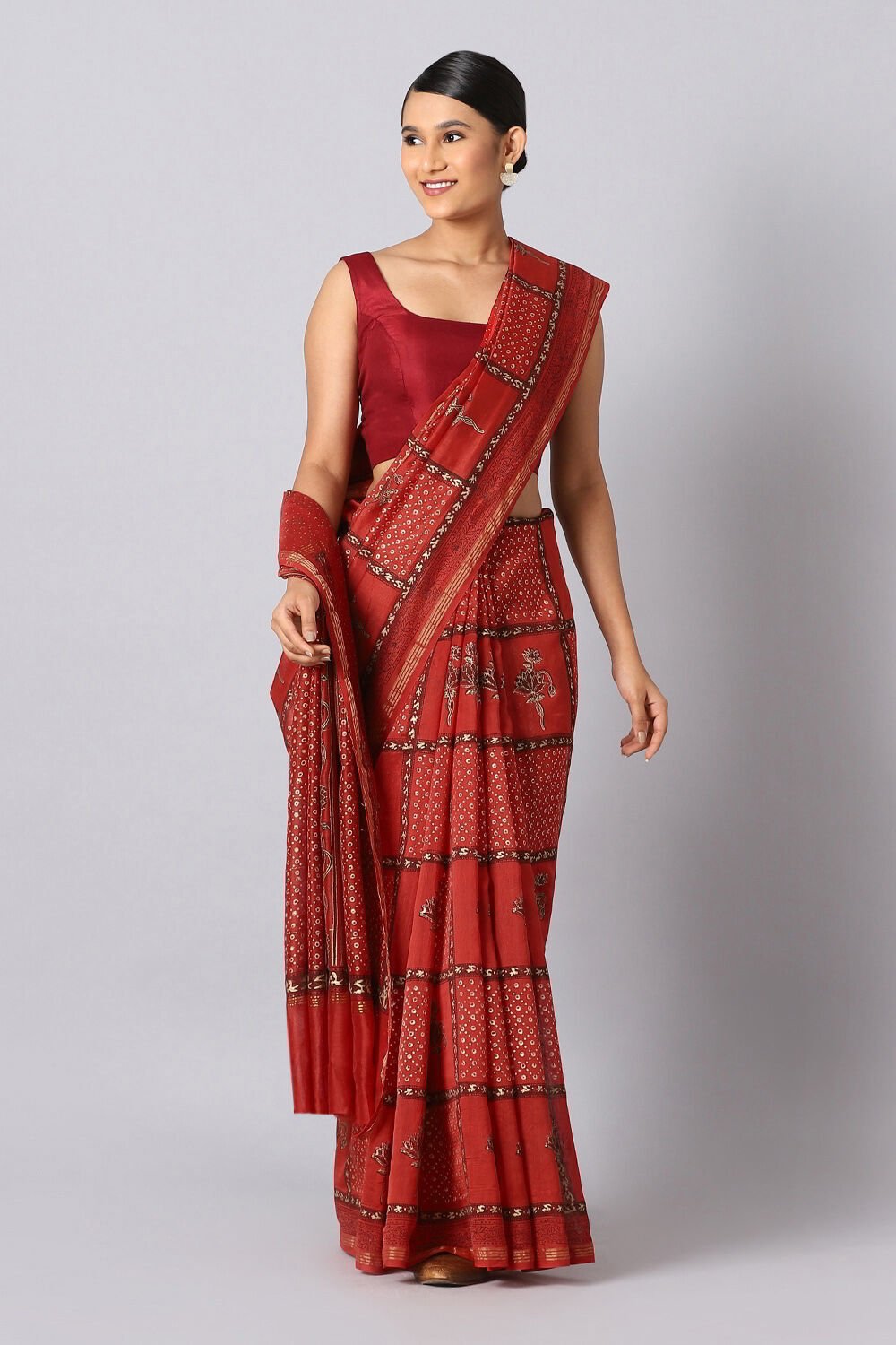 Red Pure Silk Cotton Sanganeri Printed Saree image number null