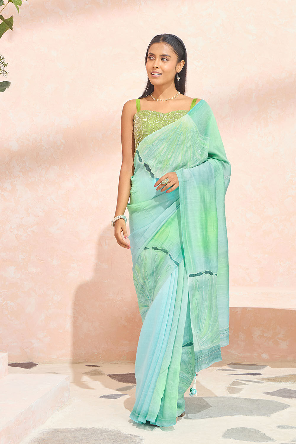 Light Green Hand Painted Silk Viscose Saree image number null