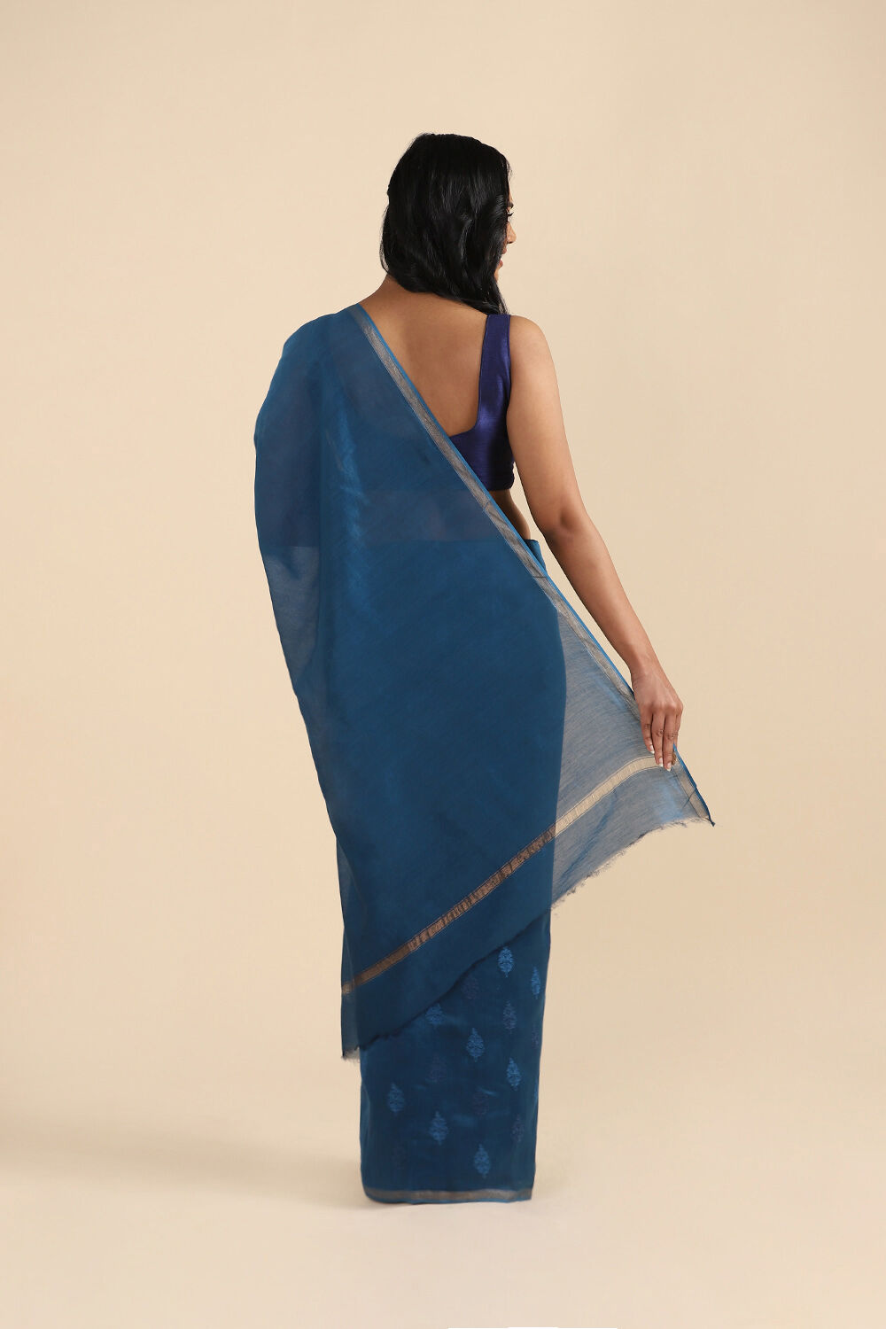 Blue Pure Silk Linen Embroidered Saree image number null