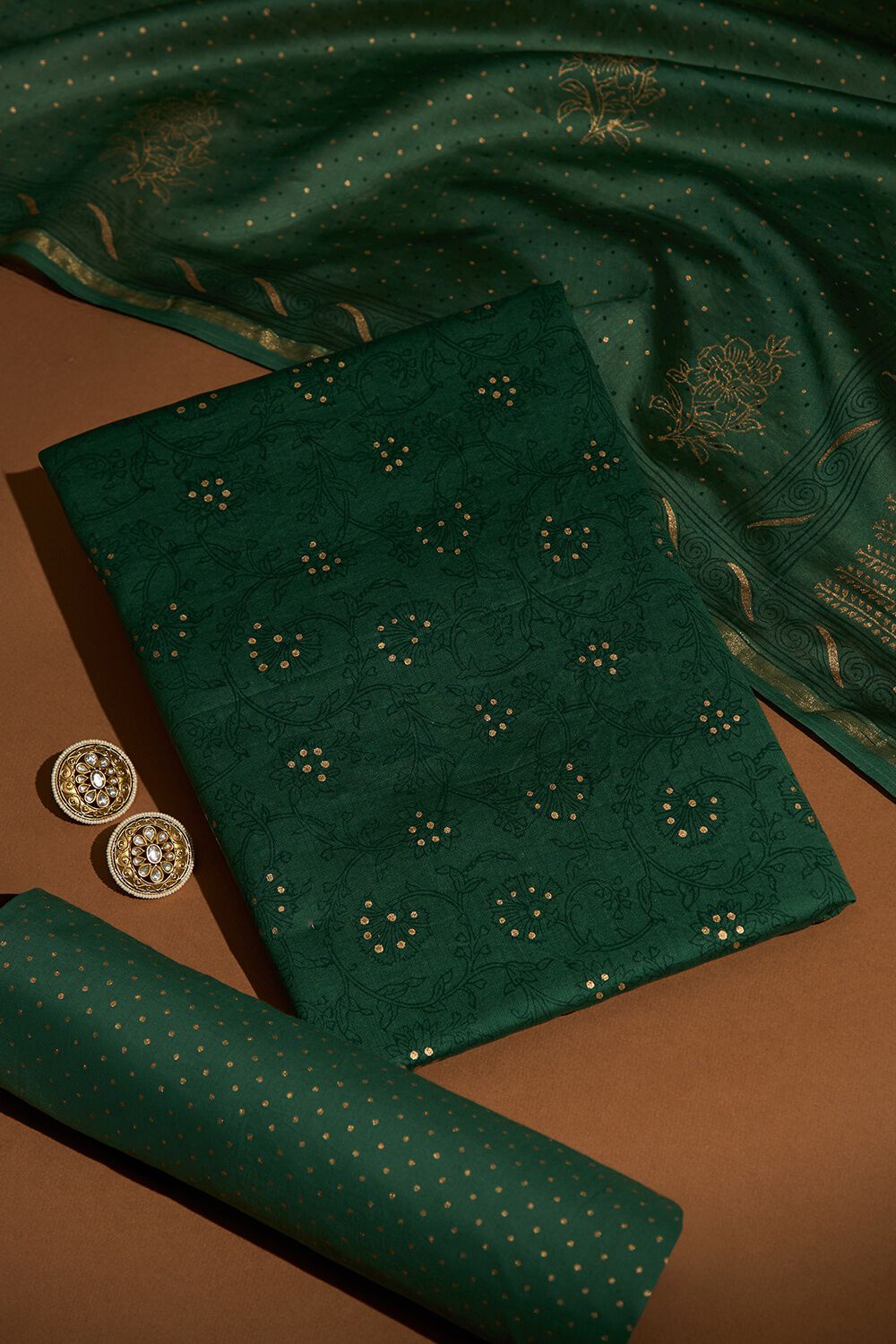 Dark Green Block Printed Pure Silk Cotton Unstitched Suit Set image number null