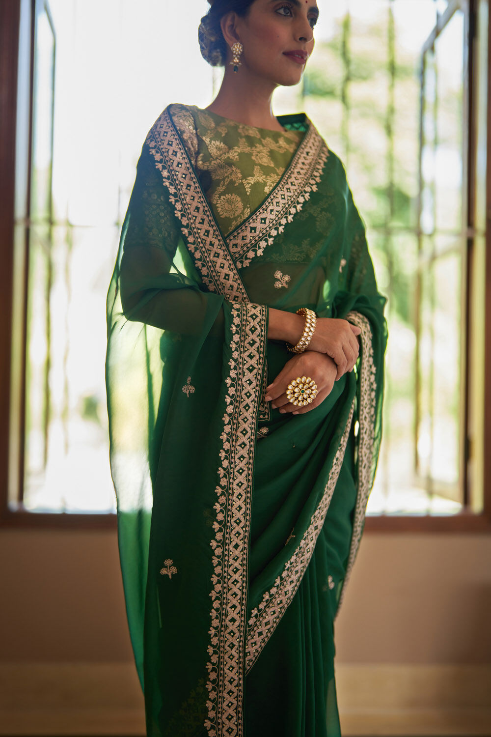 Green Viscose Organza Embroidery Saree image number null
