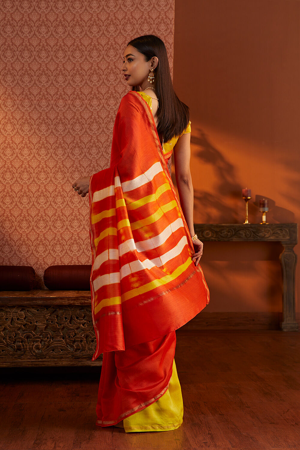 Orange Rajasthan Silk Cotton Tie and Dye Shibori Saree image number null