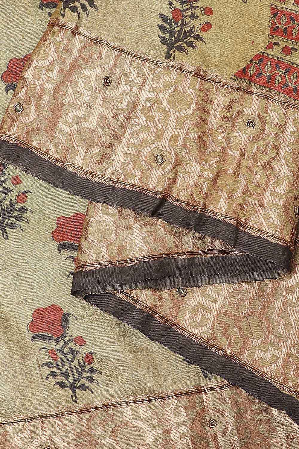 Green Pure Silk Tussar Bagru Print and Zardosi Embroidered Saree image number null