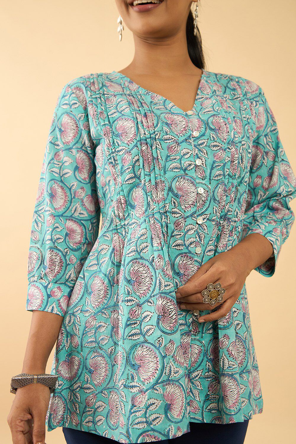 Light Green Printed Sanganeri Pure Cotton Short Top image number null