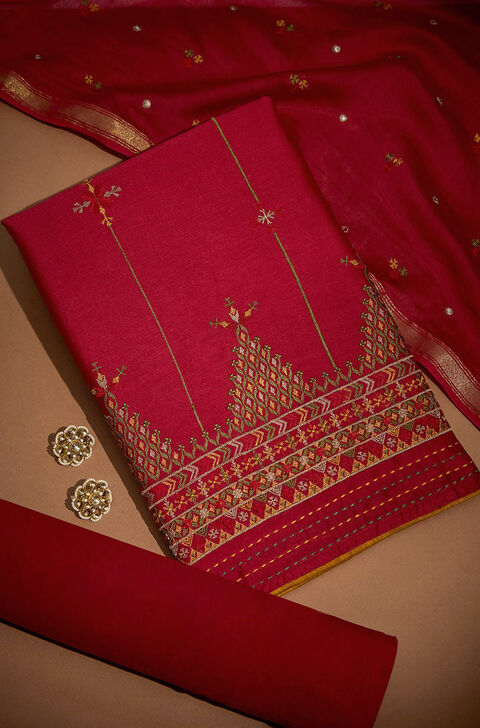 Dark Red Pure Silk Cotton Embroidered Unstitched Suit Set