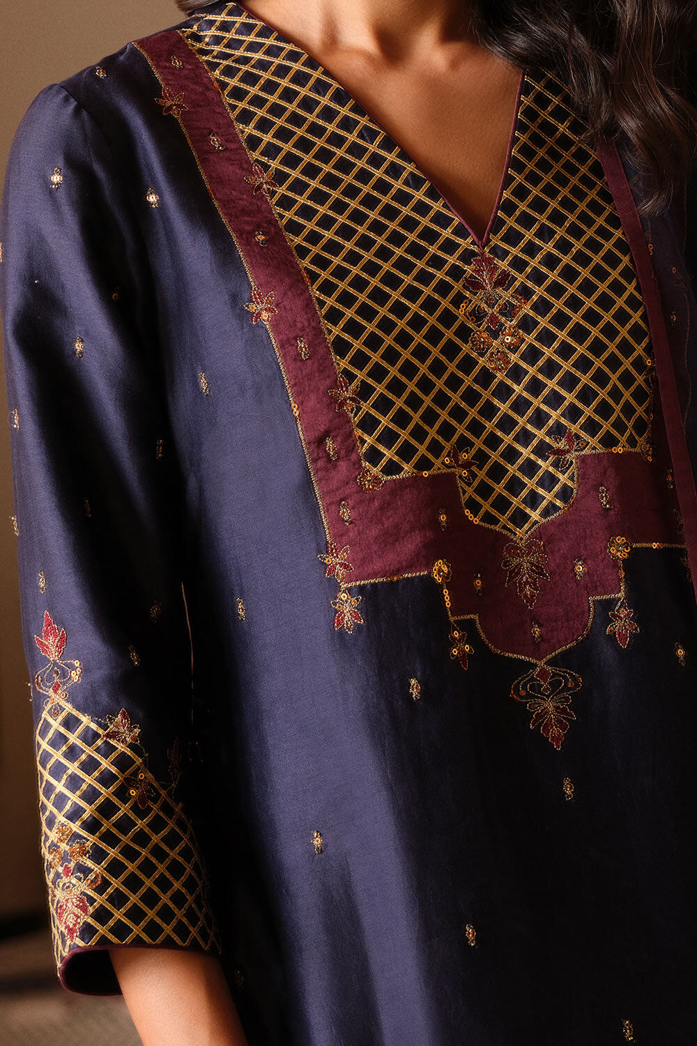 Dark Blue Embroidered Silk Cotton Kurta Set image number null