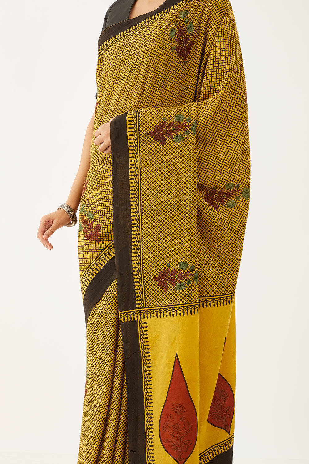 Yellow Pure Cotton Ajrakh Block Print Saree image number null