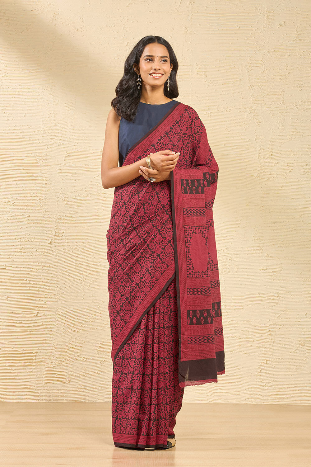 Red Bagh Block Printed Pure Cotton Saree image number null