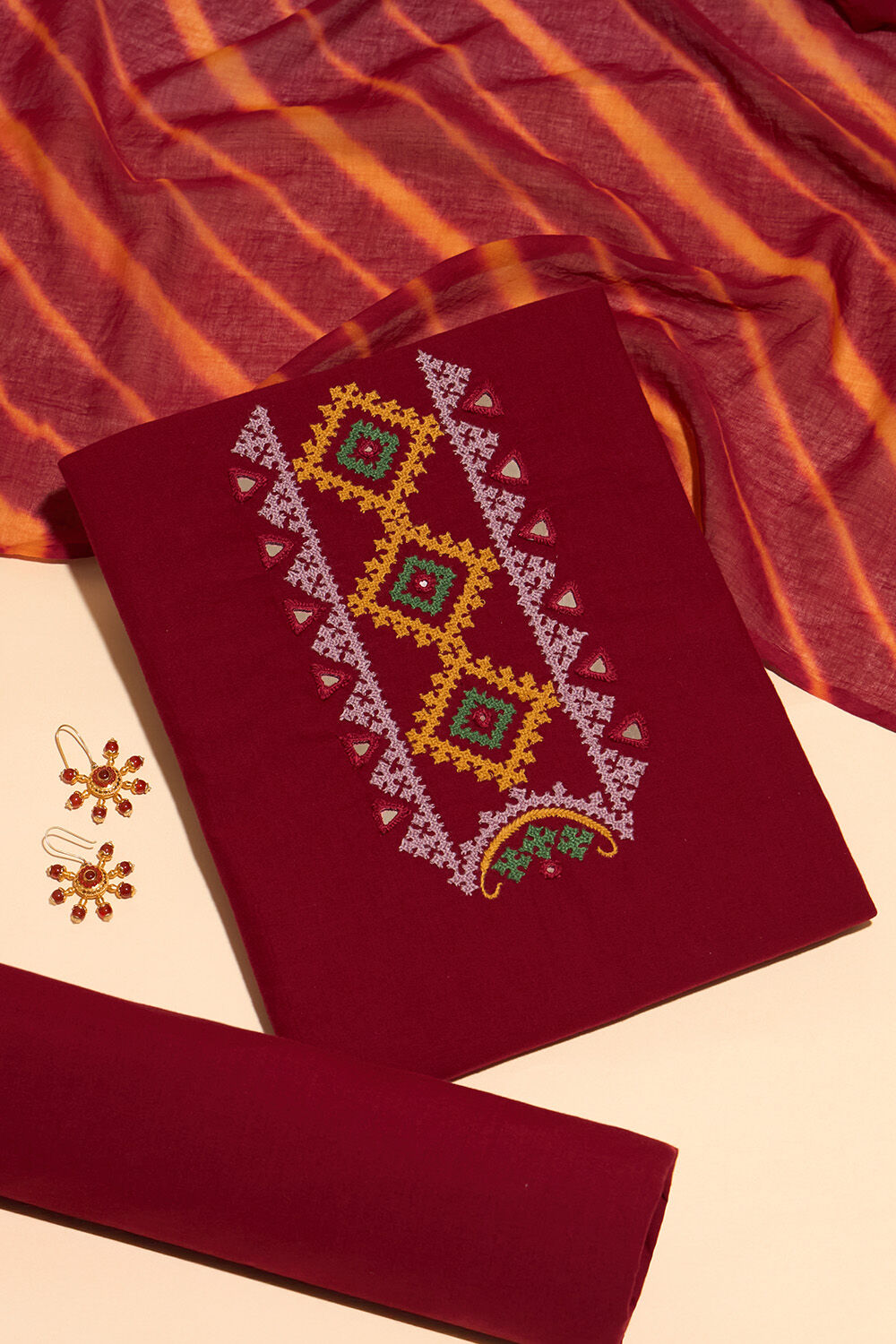 Dark Red Lambani Embroidered Pure Cotton Unstitched Suit Set image number null