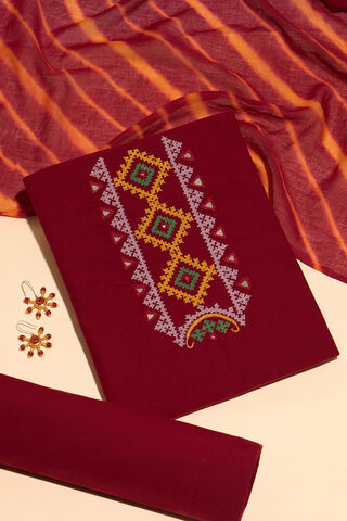 Dark Red Lambani Embroidered Pure Cotton Unstitched Suit Set image number