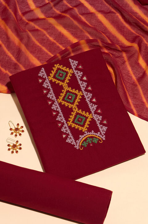 Dark Red Lambani Embroidered Pure Cotton Unstitched Suit Set