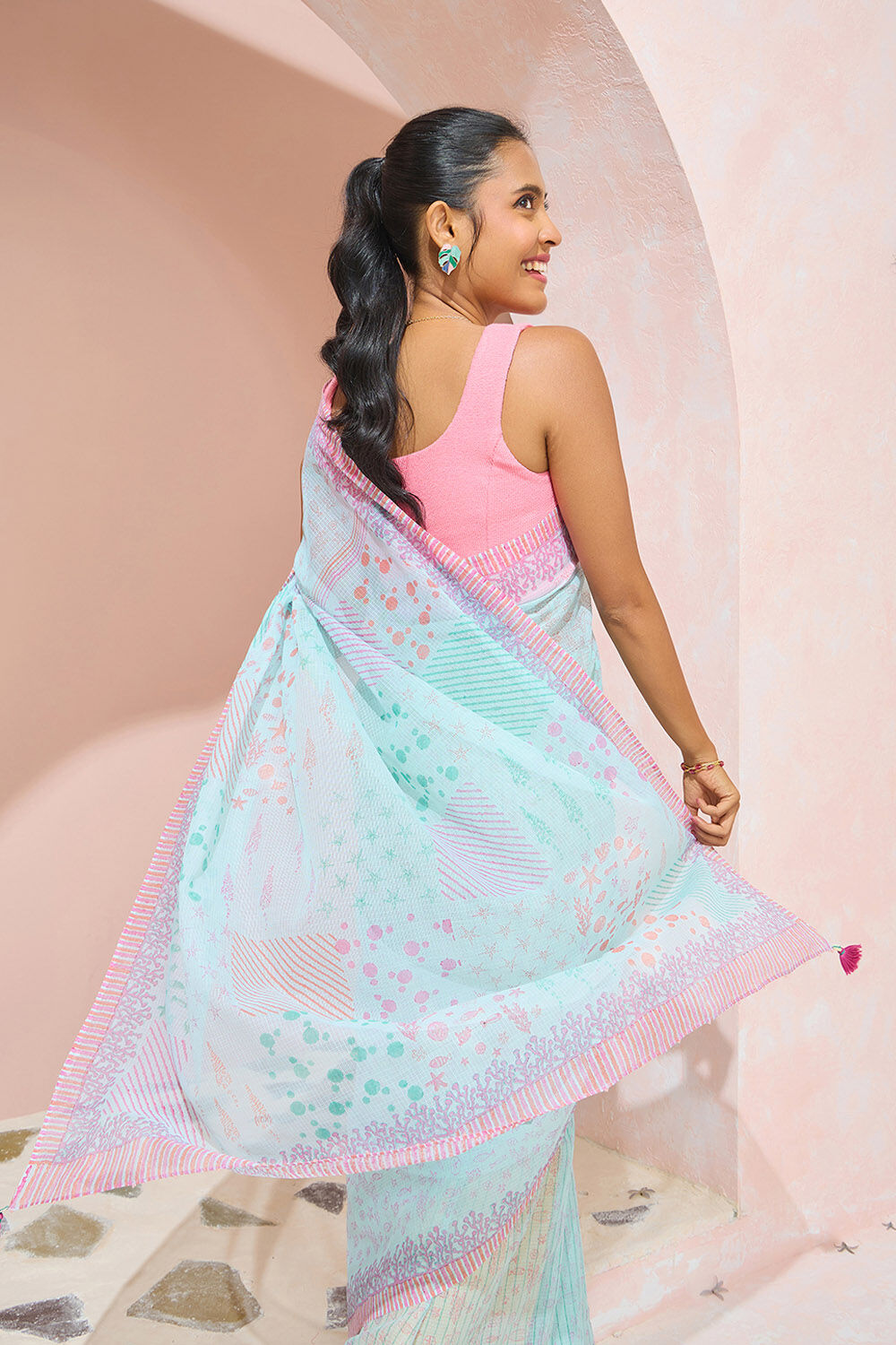 Light Blue Bengal Block Printed Pure Cotton Kota Saree image number null