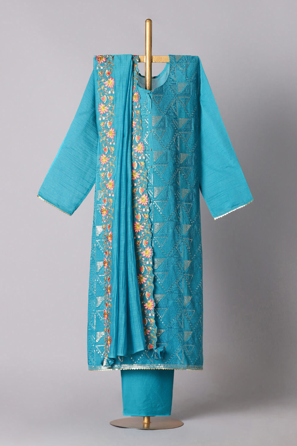 Blue Silk Cotton Embroidered Semistitched Suit Set image number null