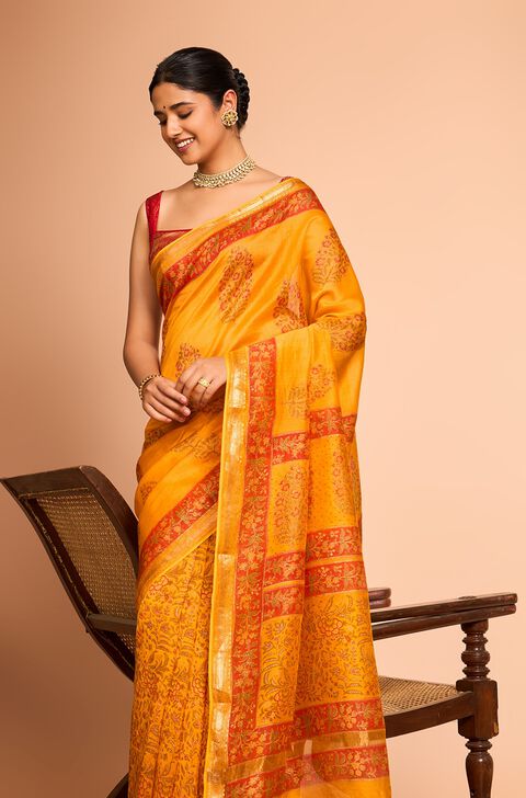 Yellow Rajasthan Pure Silk Cotton Printed Sanganeri Saree