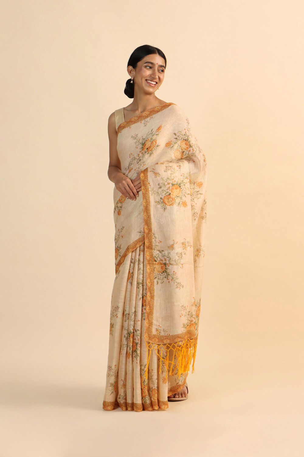 Beige Pure Linen Digital Printed Saree image number null