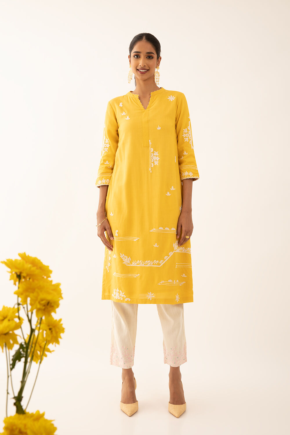 Off White Viscose Embroidered Trouser image number null