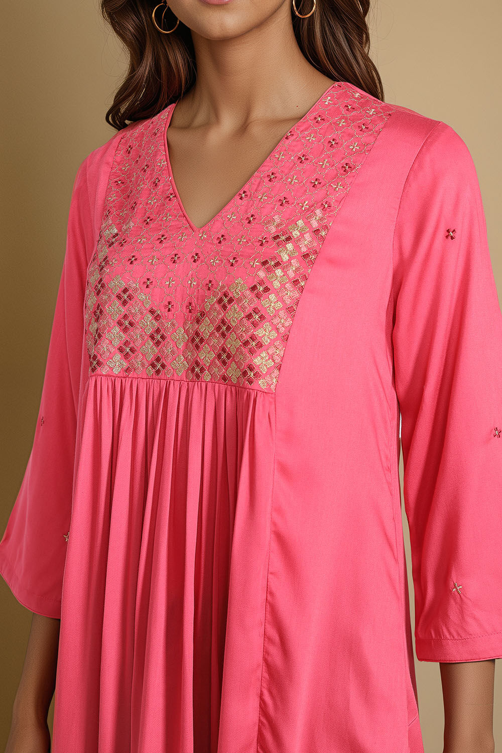 Pink Embroidered Modal Kurta image number null