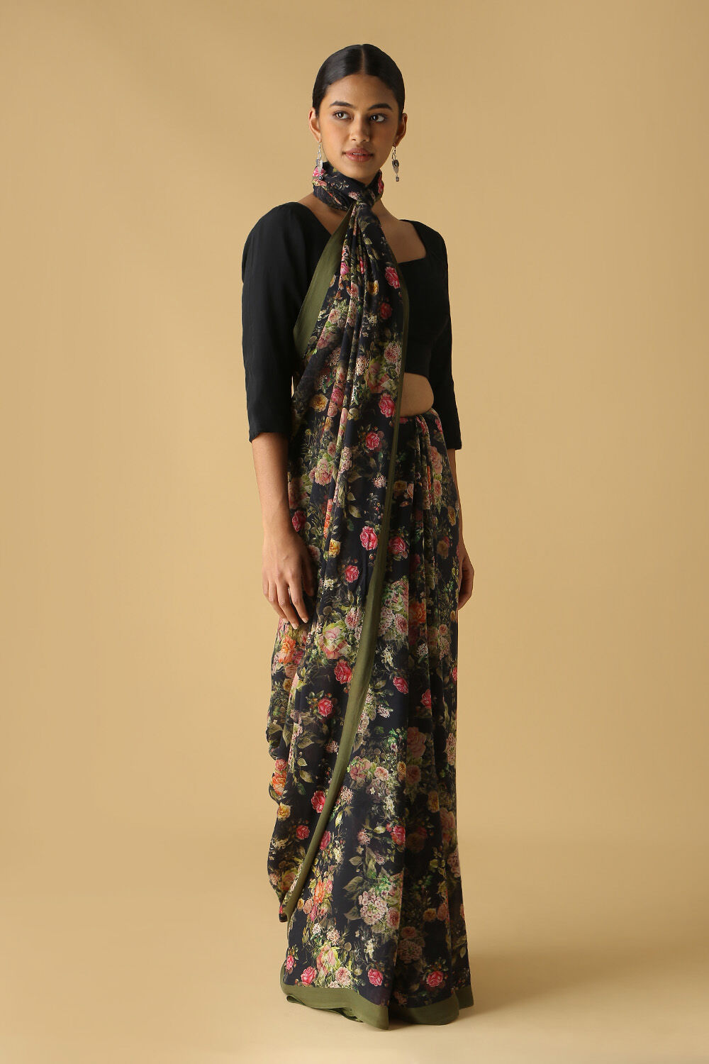 Black Viscose Crepe Digital Printed Saree image number null