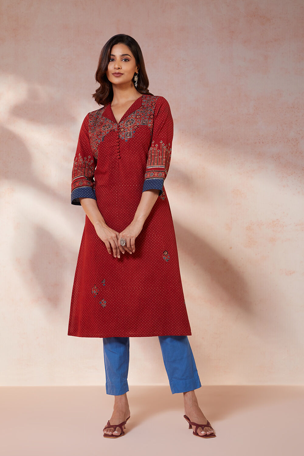 Red Pure Cotton Ajrakh Bandhani Kurta image number null