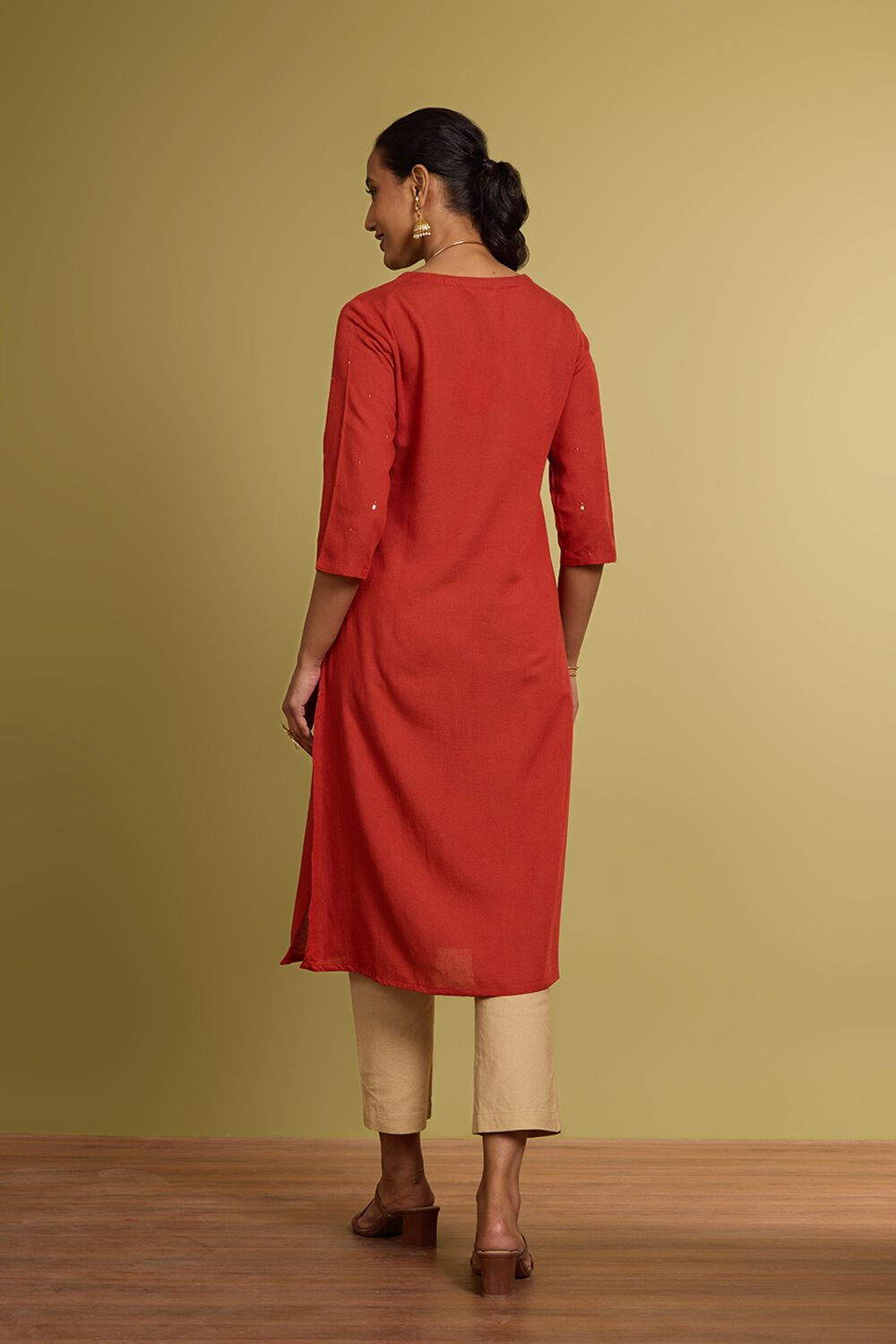 Orange Viscose Cotton Embroidered Kurta image number null