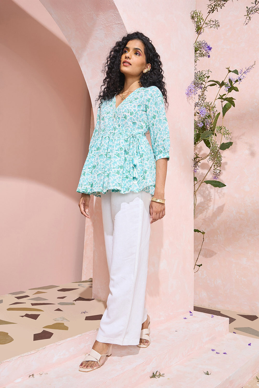 Green Block Printed Pure Cotton Short Top image number null