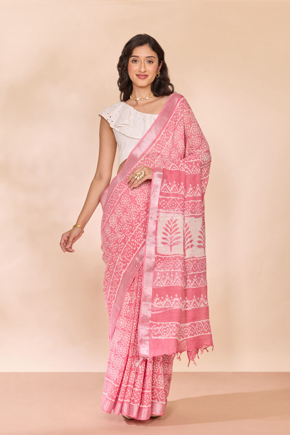 Pink Bagru Viscose Cotton Dabu Block Printed Saree image number null
