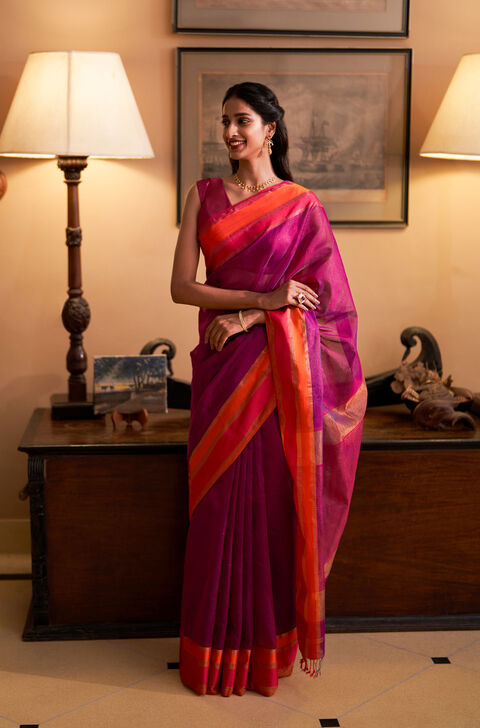 Purple Pure Silk Cotton Maheswari Saree
