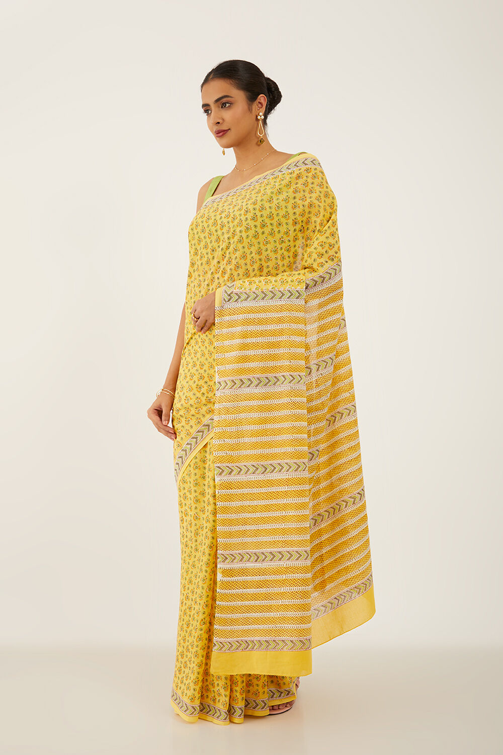 Yellow Pure Cotton Block Print Saree image number null