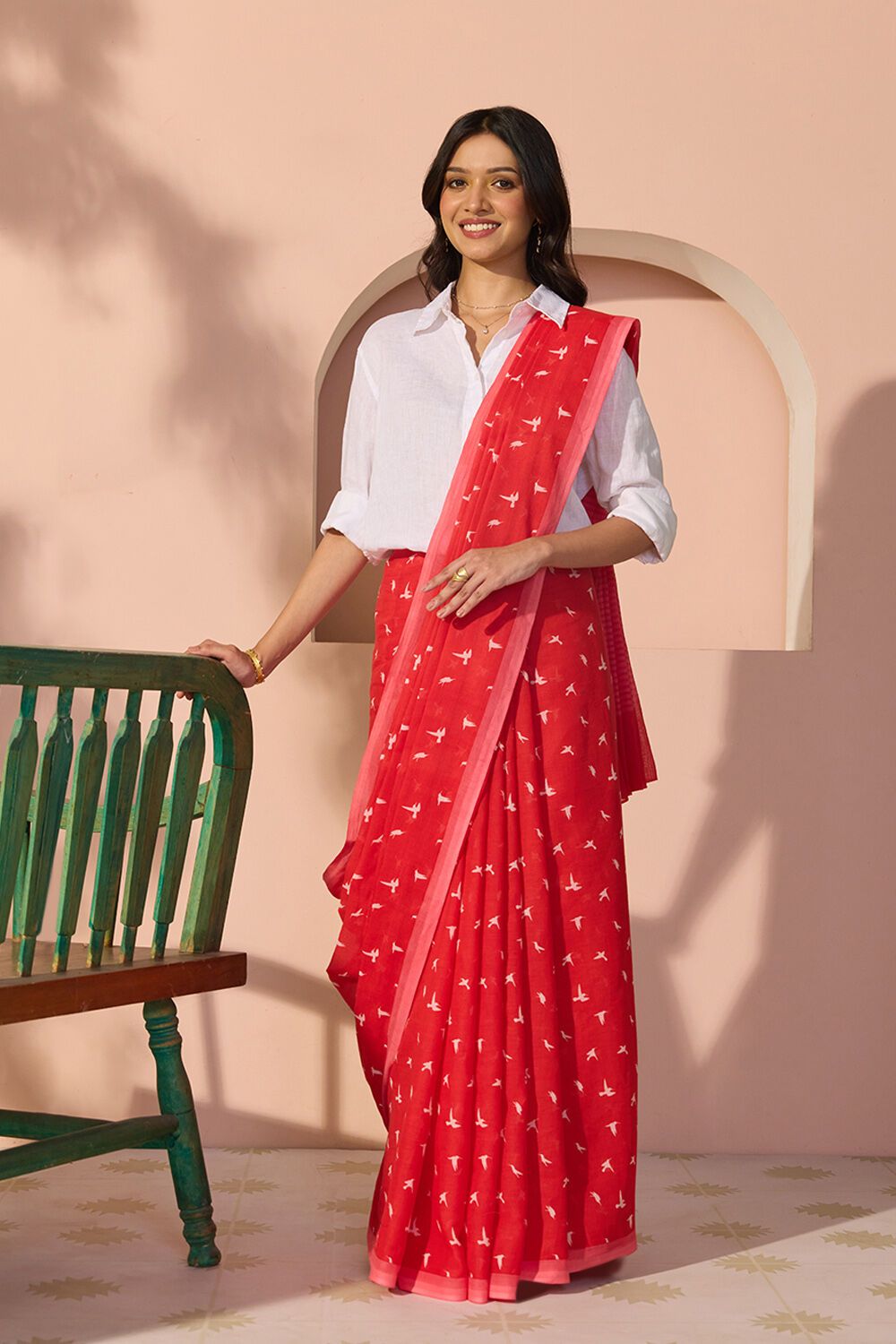 Red Bengal Screen Printed Pure Cotton Mulmul Saree image number null