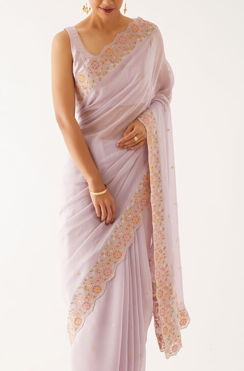 Light Violet Viscose Georgette Embroidered Saree