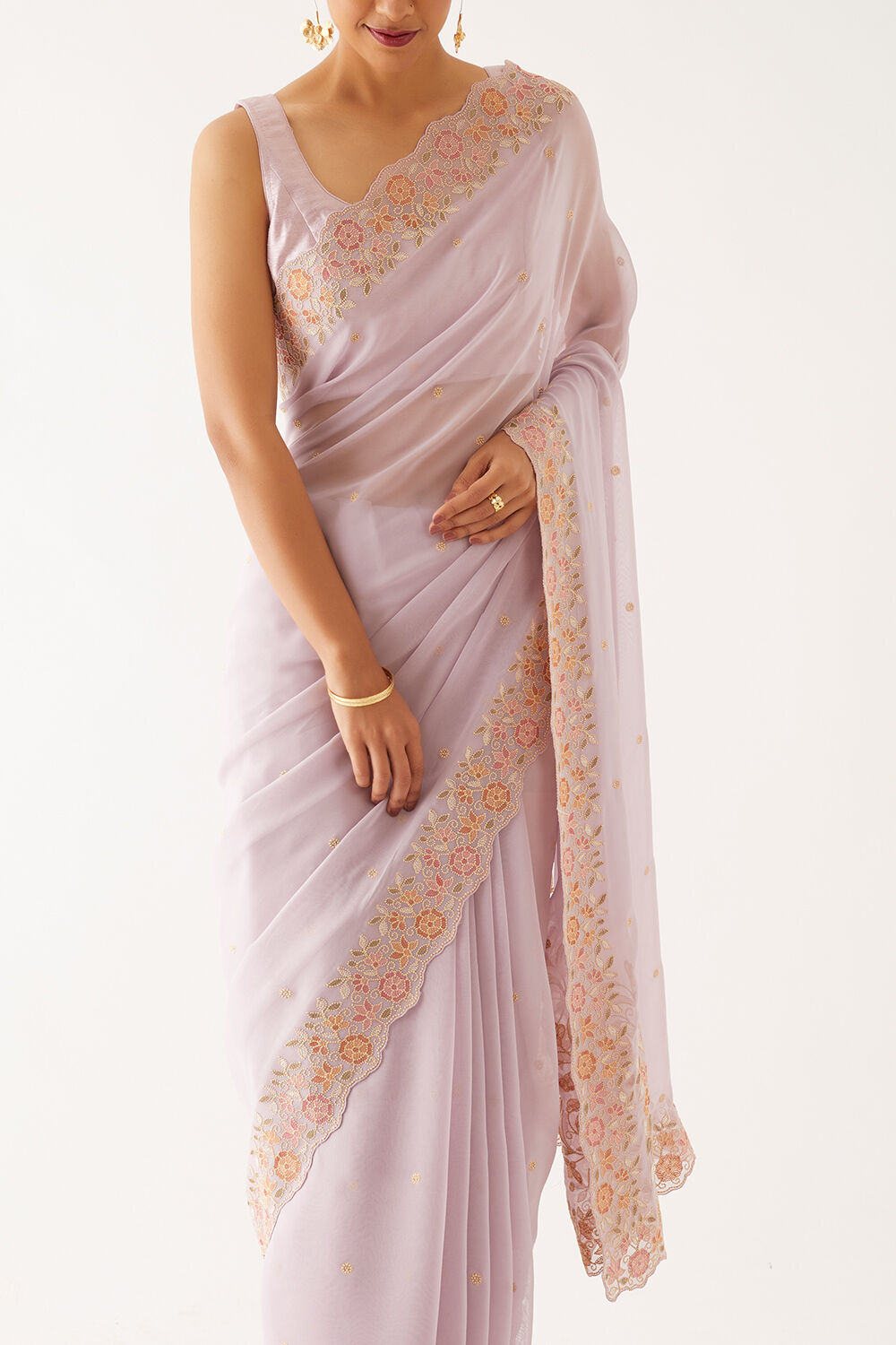 Light Violet Viscose Georgette Embroidered Saree image number null