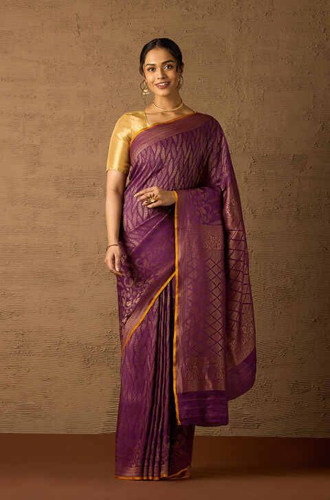 Violet Woven Pure Silk Crepe Saree