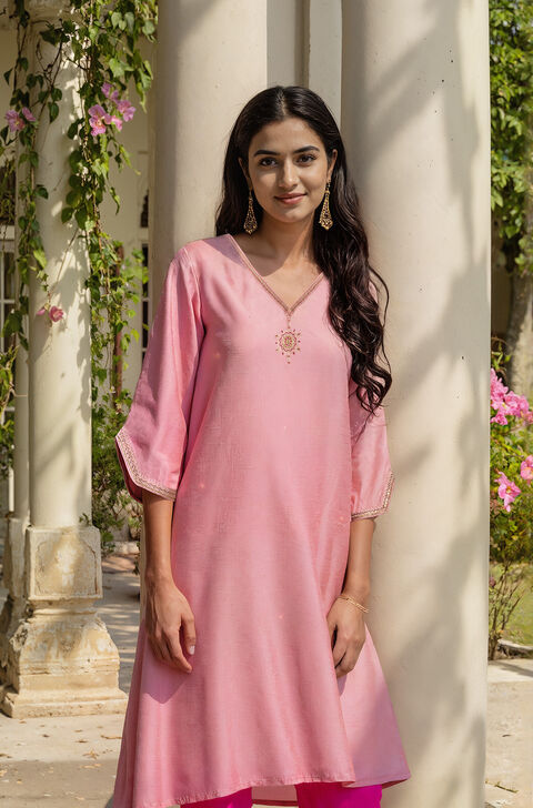 Pink Embroidery Viscose Kurta