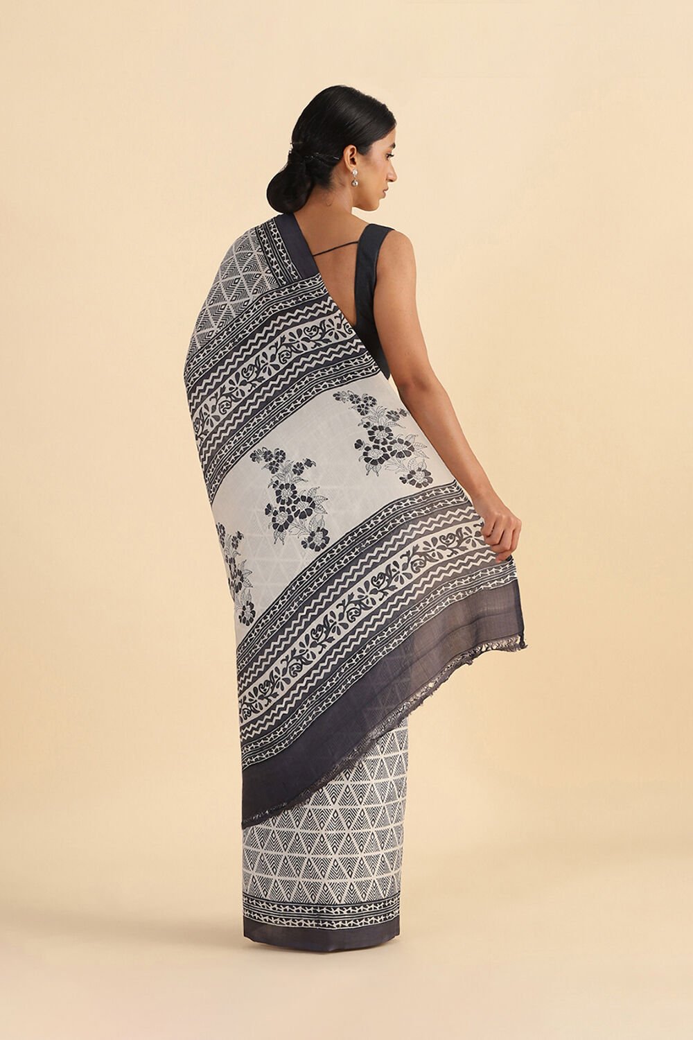 Off White Hand Blockprinted Pure Silk Saree image number null