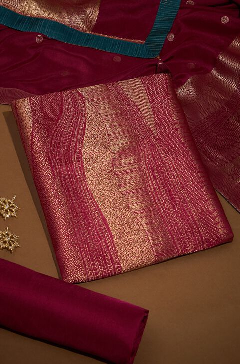 Dark Pink Brocade Viscose Unstitched Suit Set