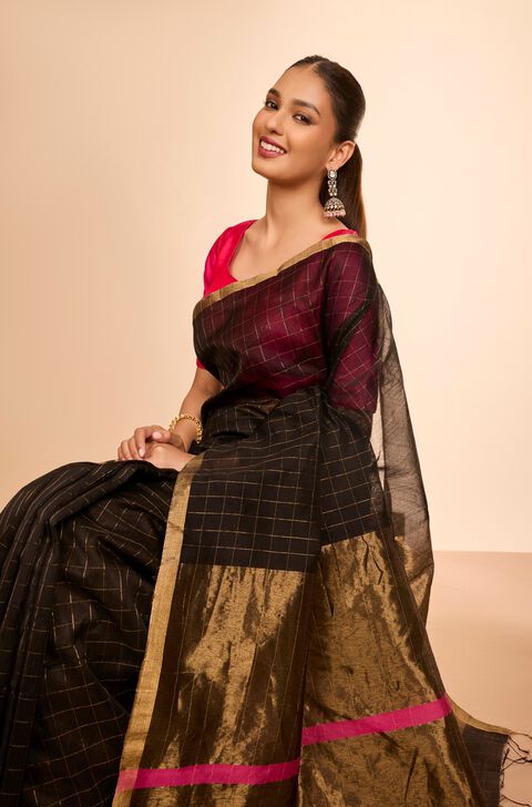 Black Woven Pure Silk Cotton Maheshwari Saree