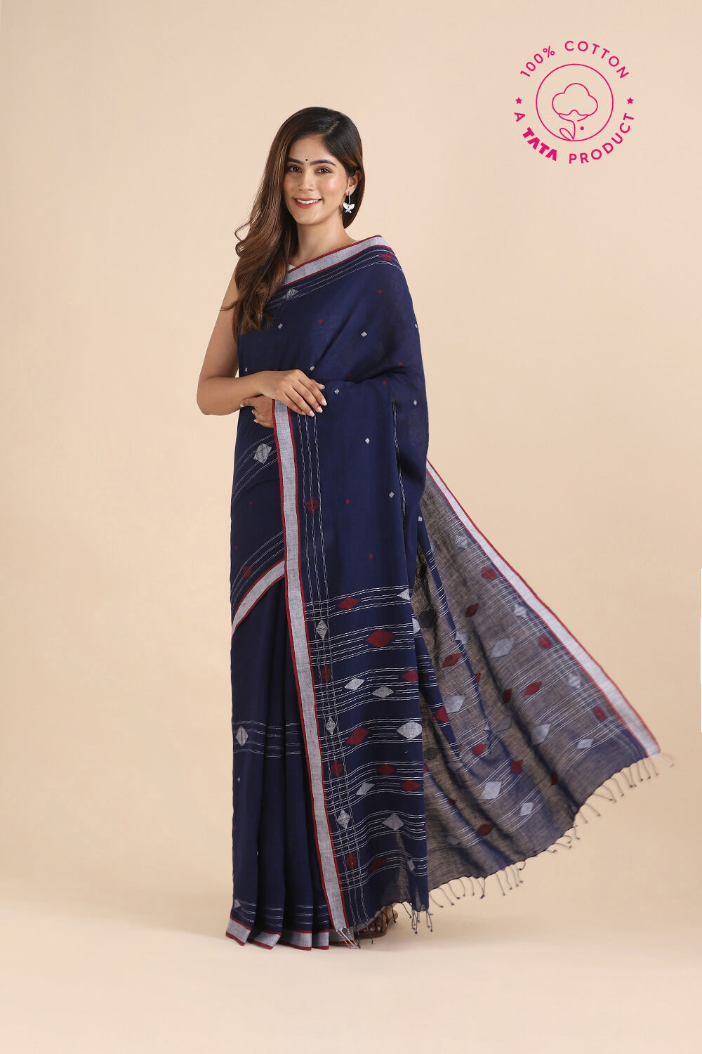 Dark Blue Pure Cotton Jamdani Saree image number null