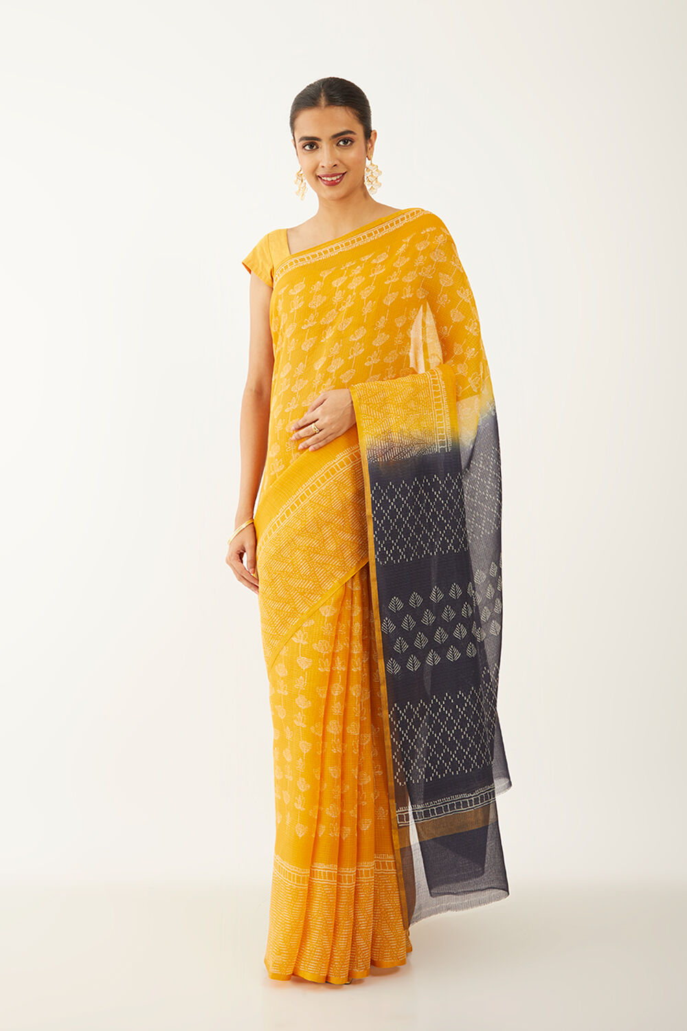 Yellow Pure Silk Kota Block Print Saree image number null