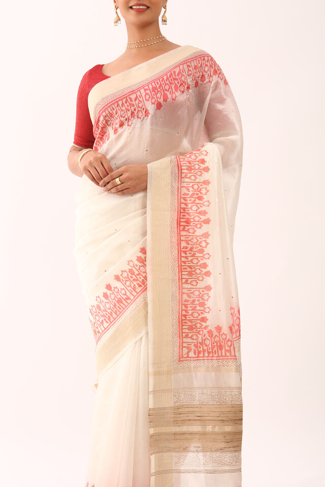 Off White Printed Embroidery Silk Tencel Bengali Saree
