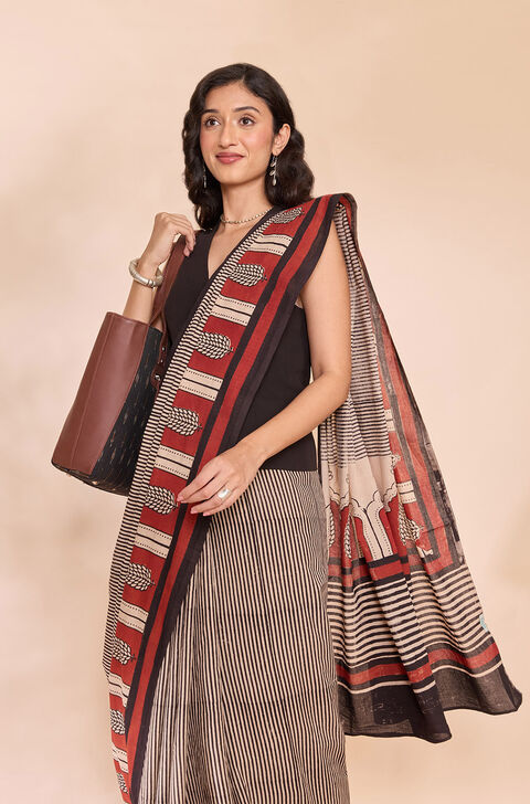 Black Rajasthan Pure Cotton Bagru Block Printed Saree