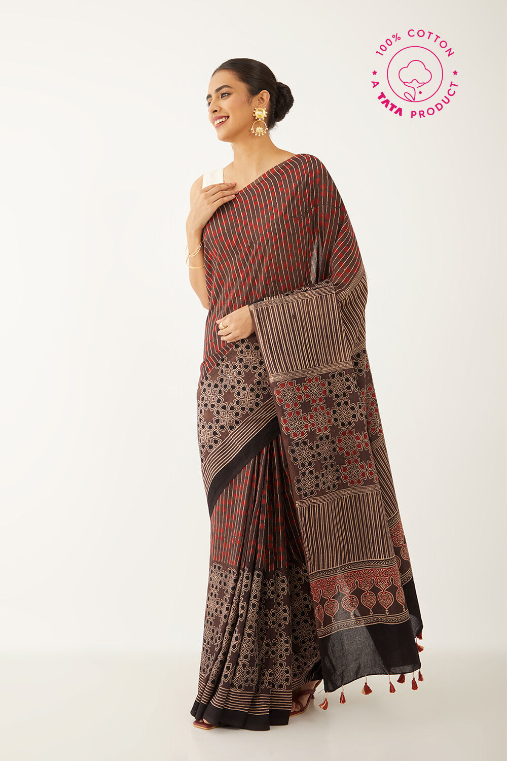 Brown Pure Cotton Ajrakh Block Print Saree image number null