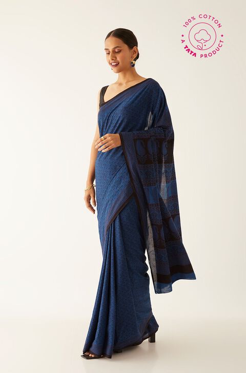 Blue Pure Cotton Bagh Printed Saree