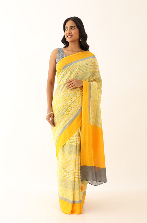 Yellow Pure Cotton Mulmul Printed Saree